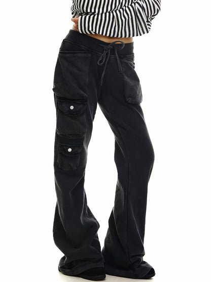'Raven Wing'  Washed Multi-Pocket Wing Embroidered Drawstring  Pants