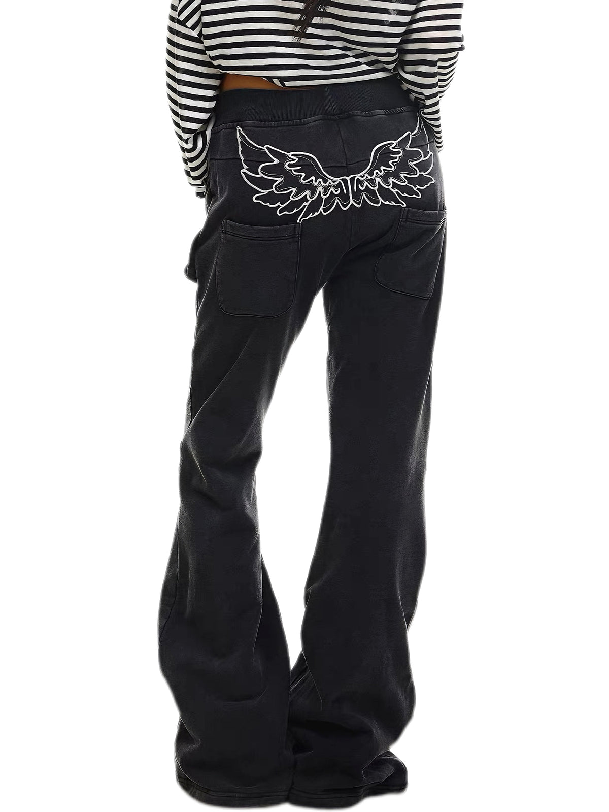 'Raven Wing'  Washed Multi-Pocket Wing Embroidered Drawstring  Pants