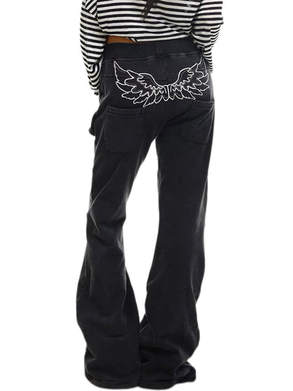 'Raven Wing'  Washed Multi-Pocket Wing Embroidered Drawstring  Pants