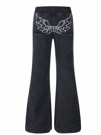 'Raven Wing'  Washed Multi-Pocket Wing Embroidered Drawstring  Pants