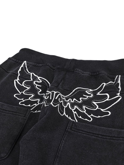 'Raven Wing'  Washed Multi-Pocket Wing Embroidered Drawstring  Pants