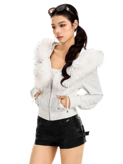 'Fur Vixen' Retro vintage Faux Fur Collar Cropped Slim Jacket