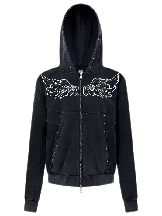 'Rebel Wings' Vintage Washed Embroidery Rivet Zip Up Hoodie