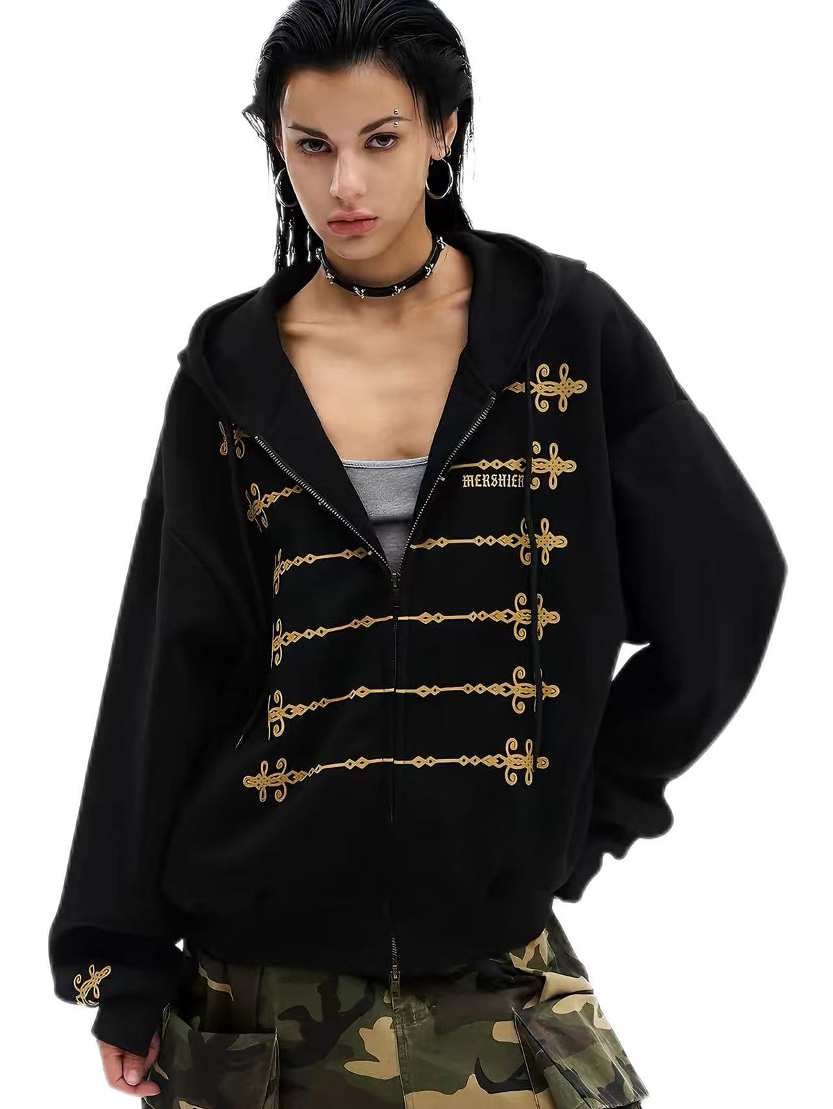 'Dynasty Rogue'New Chinese  Napoleon Rope Print Double Zip Up Hoodie