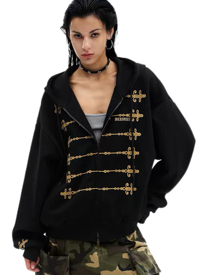 'Dynasty Rogue'New Chinese  Napoleon Rope Print Double Zip Up Hoodie