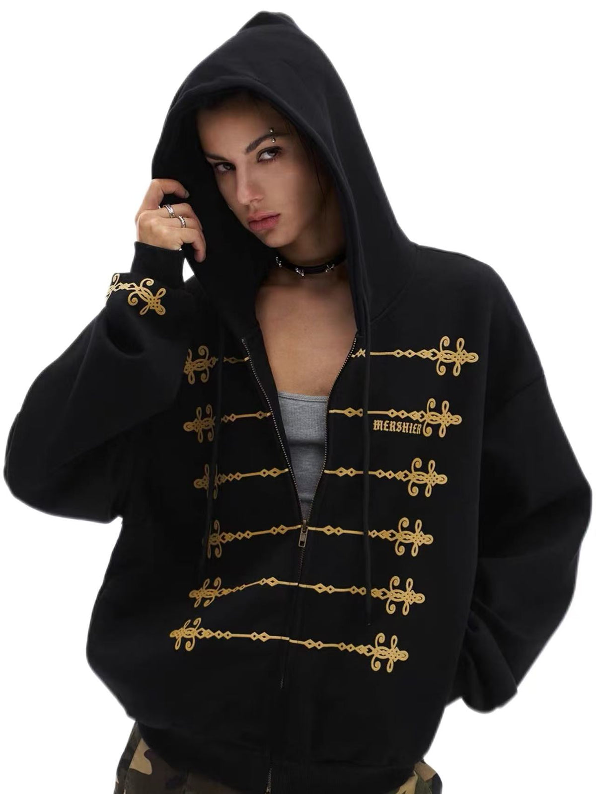 'Dynasty Rogue'New Chinese  Napoleon Rope Print Double Zip Up Hoodie