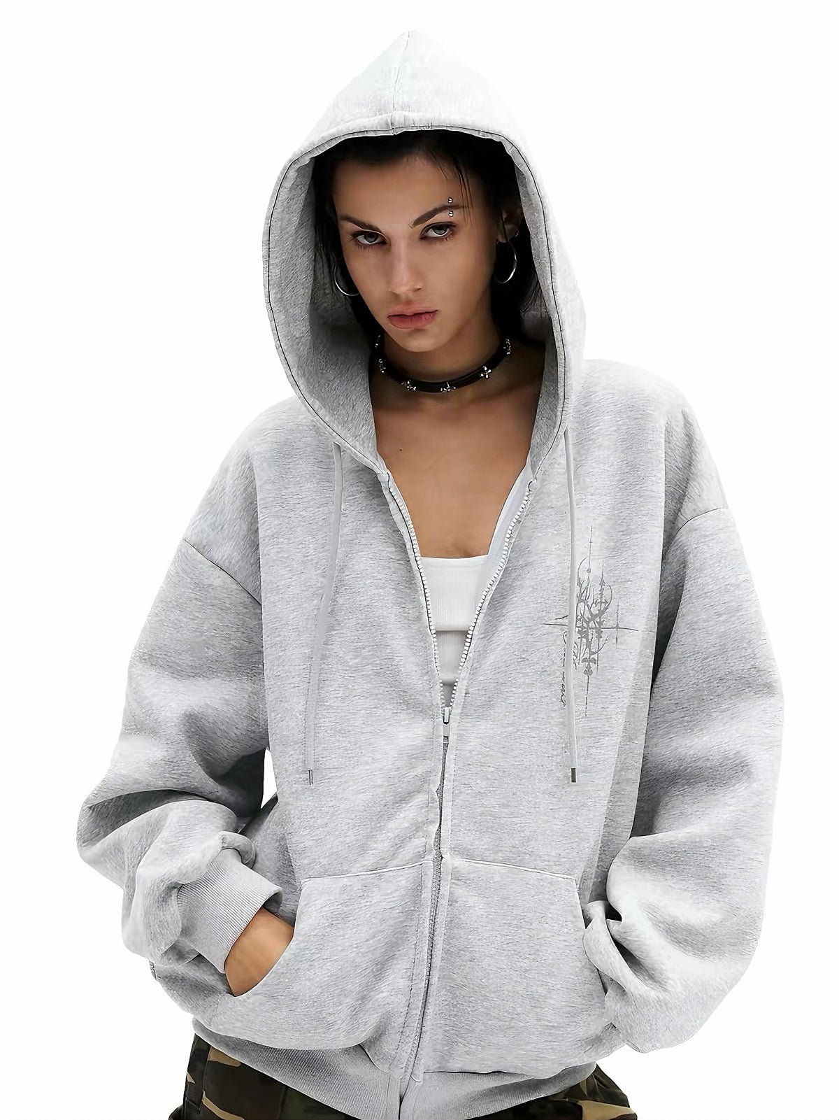 'Rebellion'Back Sequin Wing Graffiti Graphic Zip Hooded Jacket