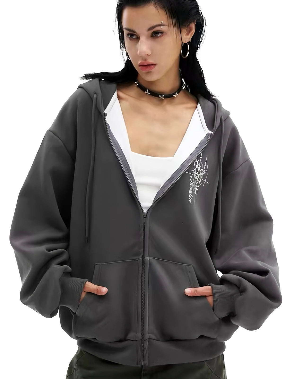 'Rebellion'Back Sequin Wing Graffiti Graphic Zip Hooded Jacket