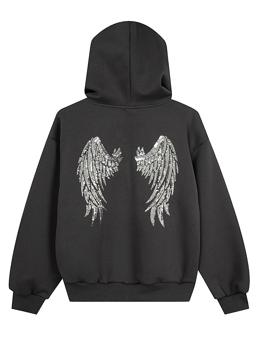 'Rebellion'Back Sequin Wing Graffiti Graphic Zip Hooded Jacket