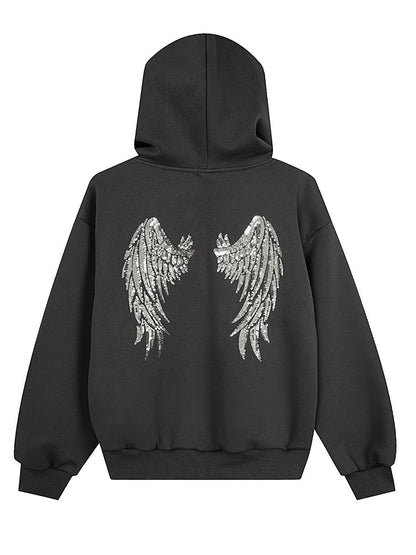 'Rebellion'Back Sequin Wing Graffiti Graphic Zip Hooded Jacket