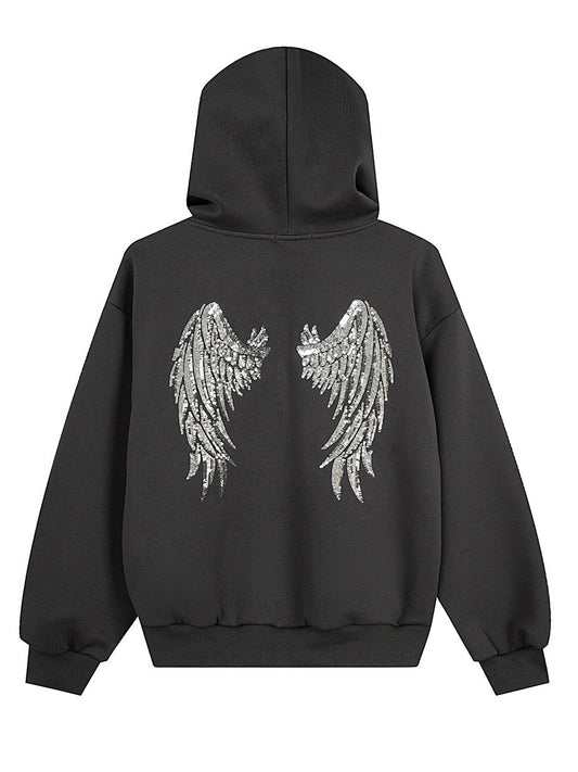 'Rebellion'Back Sequin Wing Graffiti Graphic Zip Hooded Jacket