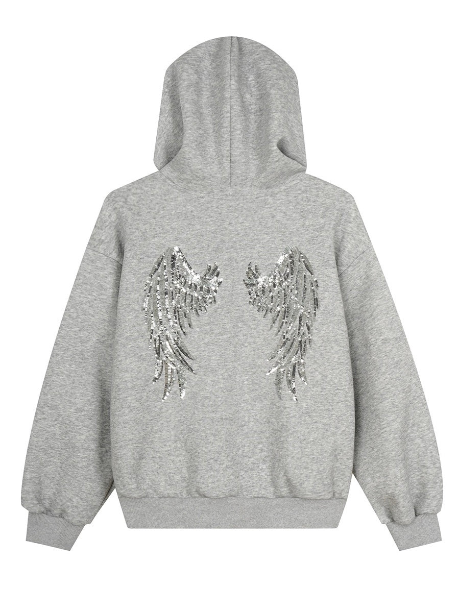 'Rebellion'Back Sequin Wing Graffiti Graphic Zip Hooded Jacket
