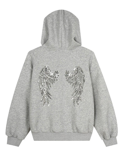 'Rebellion'Back Sequin Wing Graffiti Graphic Zip Hooded Jacket