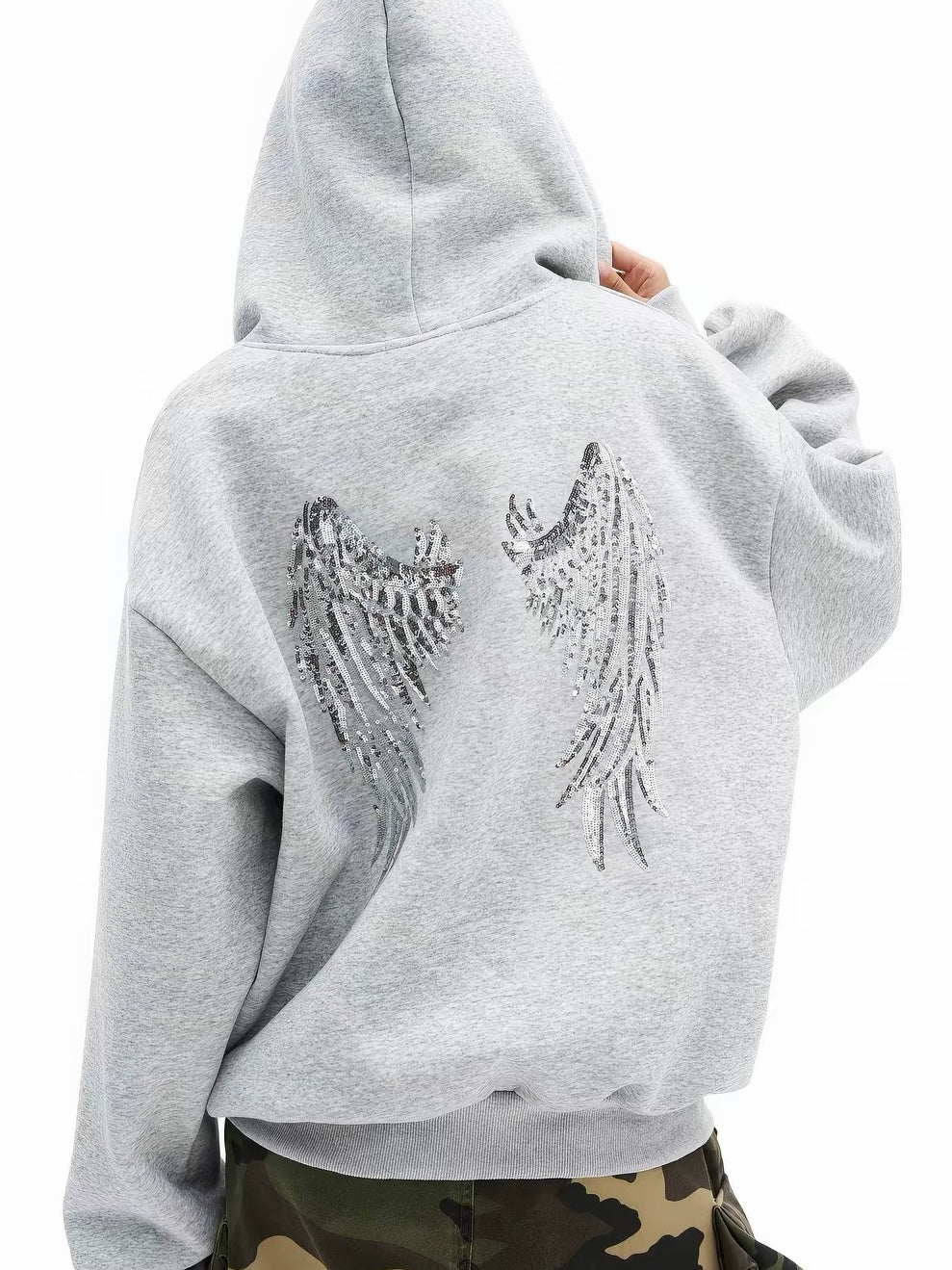 'Rebellion'Back Sequin Wing Graffiti Graphic Zip Hooded Jacket