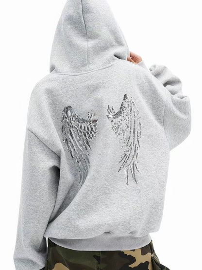 'Rebellion'Back Sequin Wing Graffiti Graphic Zip Hooded Jacket