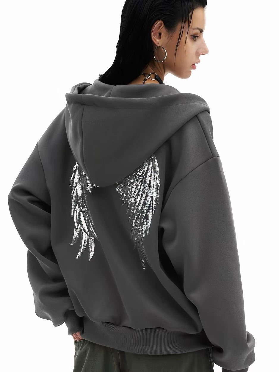 'Rebellion'Back Sequin Wing Graffiti Graphic Zip Hooded Jacket