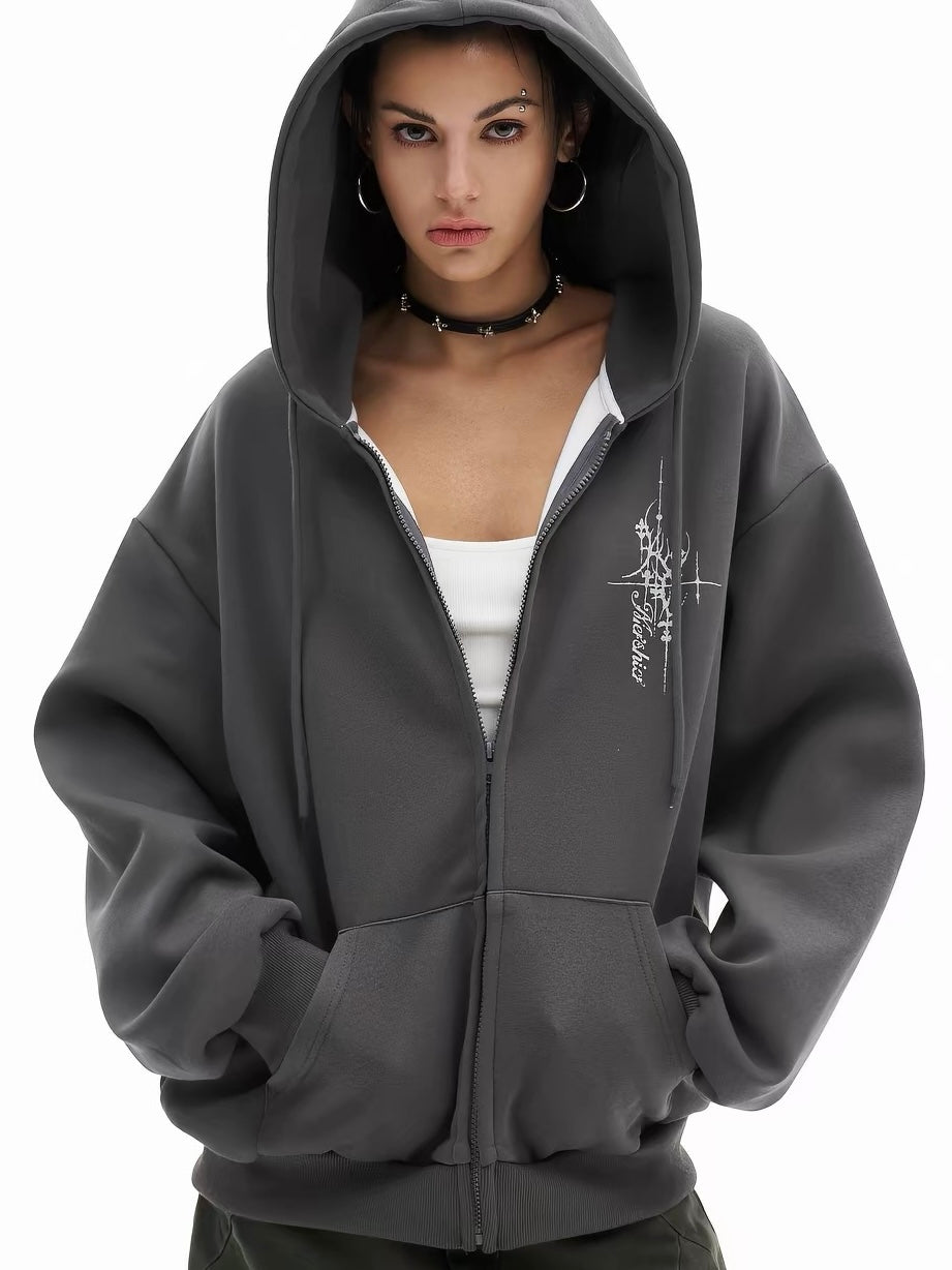 'Rebellion'Back Sequin Wing Graffiti Graphic Zip Hooded Jacket