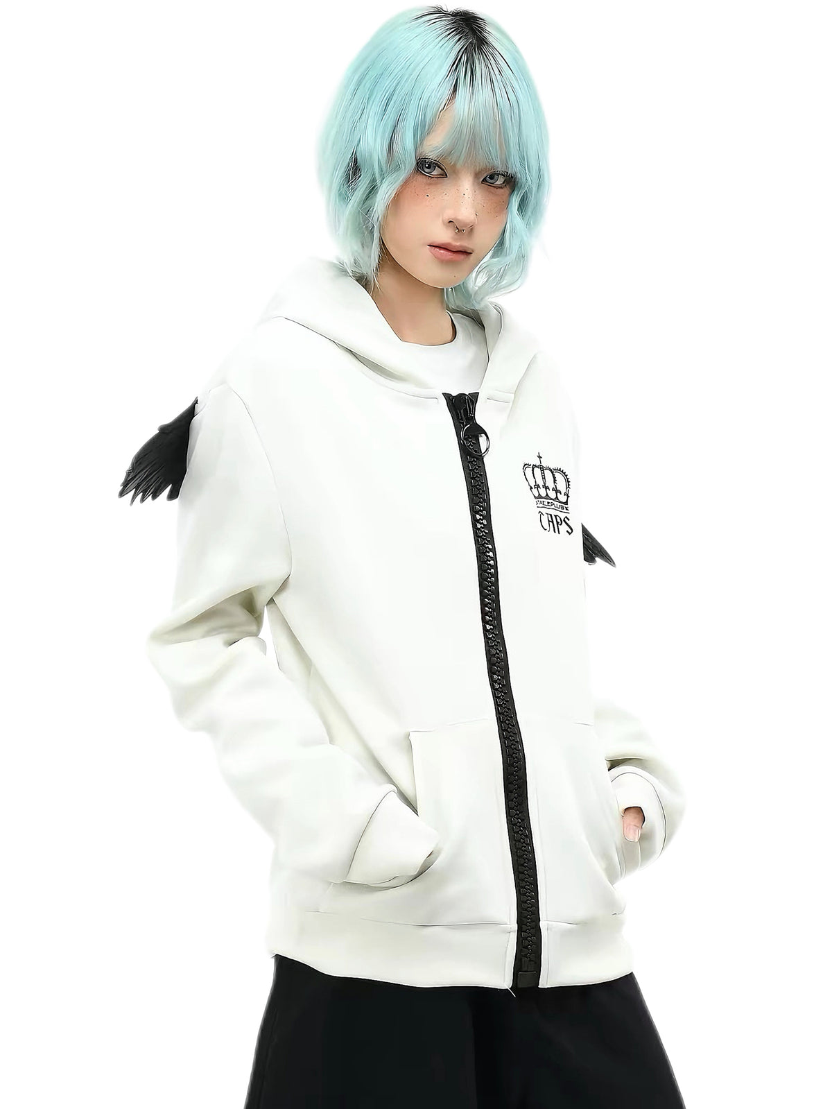 'Riot Angel'Crown Embroidered Angel Wings Back Embroidery Zip Jacket
