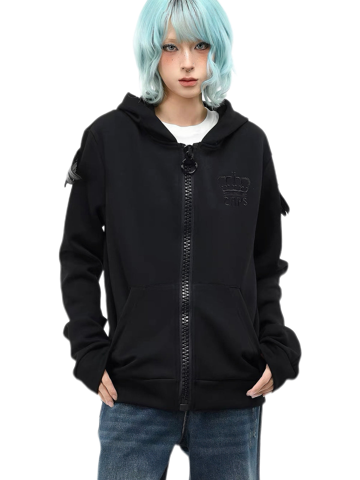 'Riot Angel'Crown Embroidered Angel Wings Back Embroidery Zip Jacket