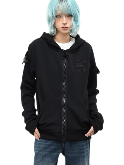 'Riot Angel'Crown Embroidered Angel Wings Back Embroidery Zip Jacket