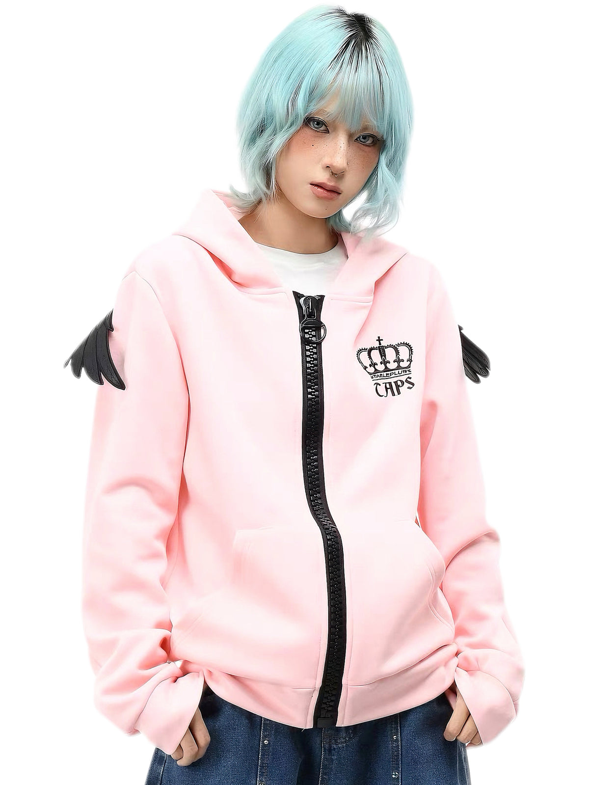 'Riot Angel'Crown Embroidered Angel Wings Back Embroidery Zip Jacket