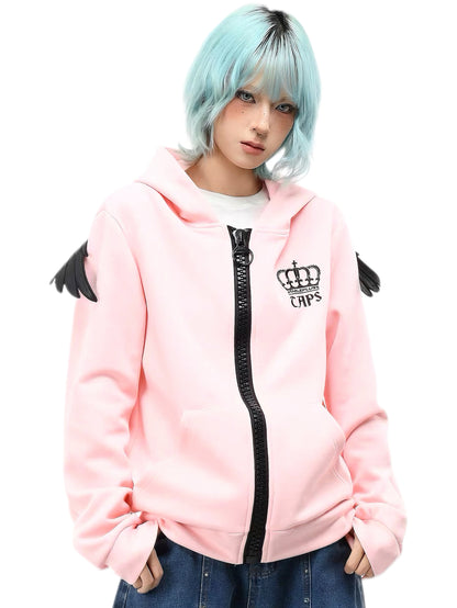 'Riot Angel'Crown Embroidered Angel Wings Back Embroidery Zip Jacket