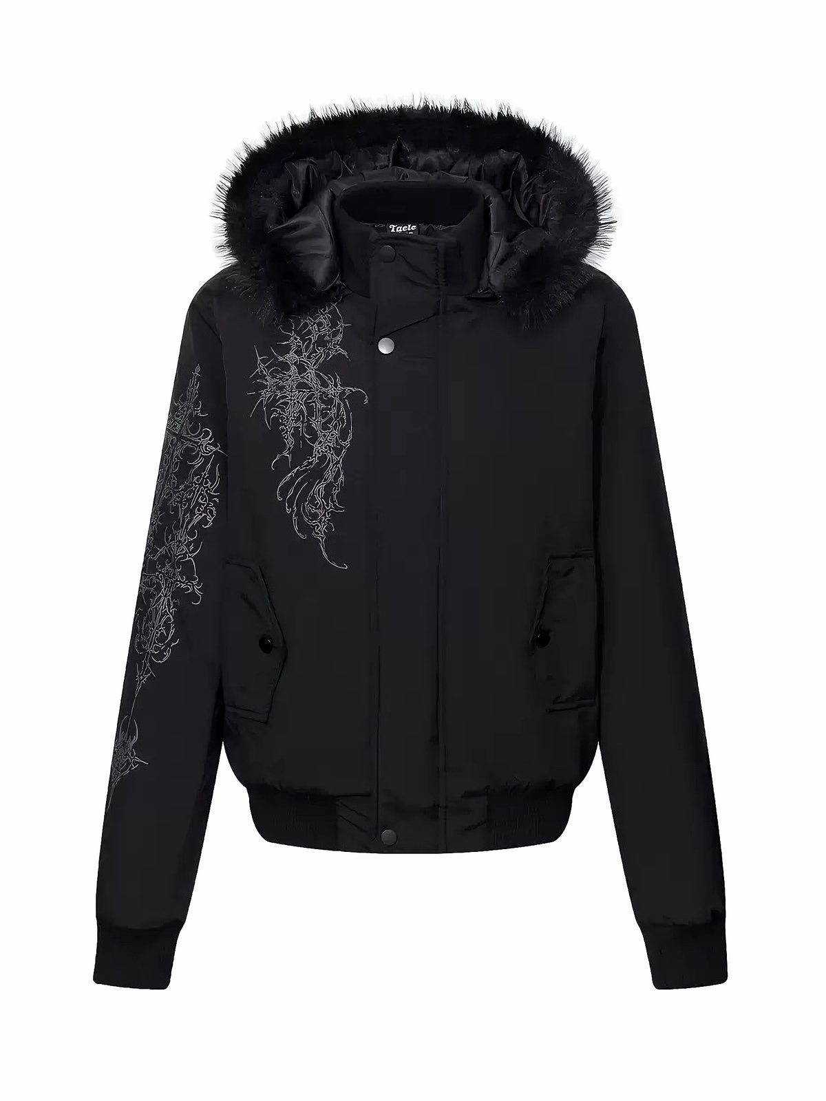'Runeborn'Dark Grunge Pattern Removable Fur Trim Hooded Cotton Puffer Coat