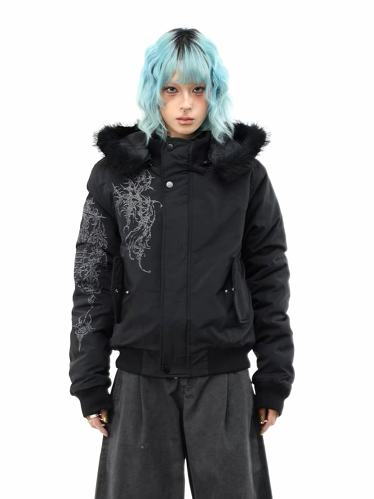 'Runeborn'Dark Grunge Pattern Removable Fur Trim Hooded Cotton Puffer Coat