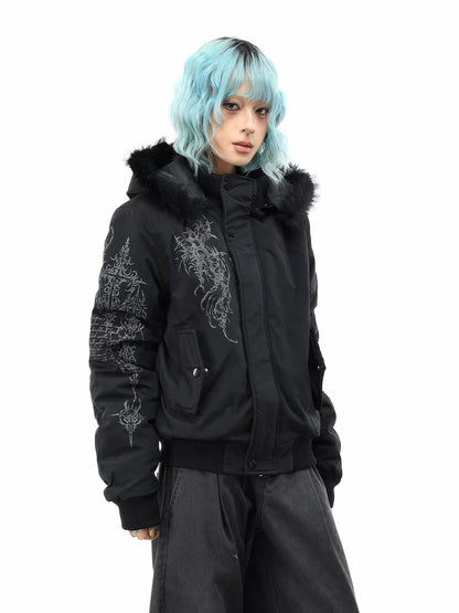 'Runeborn'Dark Grunge Pattern Removable Fur Trim Hooded Cotton Puffer Coat