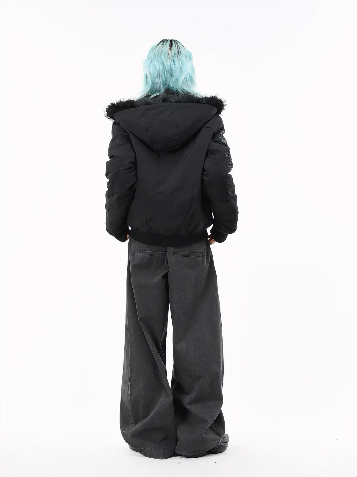 'Runeborn'Dark Grunge Pattern Removable Fur Trim Hooded Cotton Puffer Coat