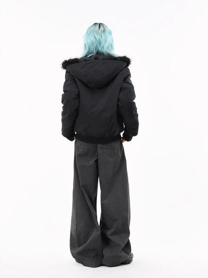 'Runeborn'Dark Grunge Pattern Removable Fur Trim Hooded Cotton Puffer Coat
