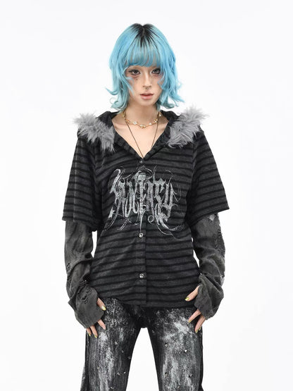 'StripeMuse'Striped Faux Two-Piece Cardigan Jacket with Faux Fur Collar