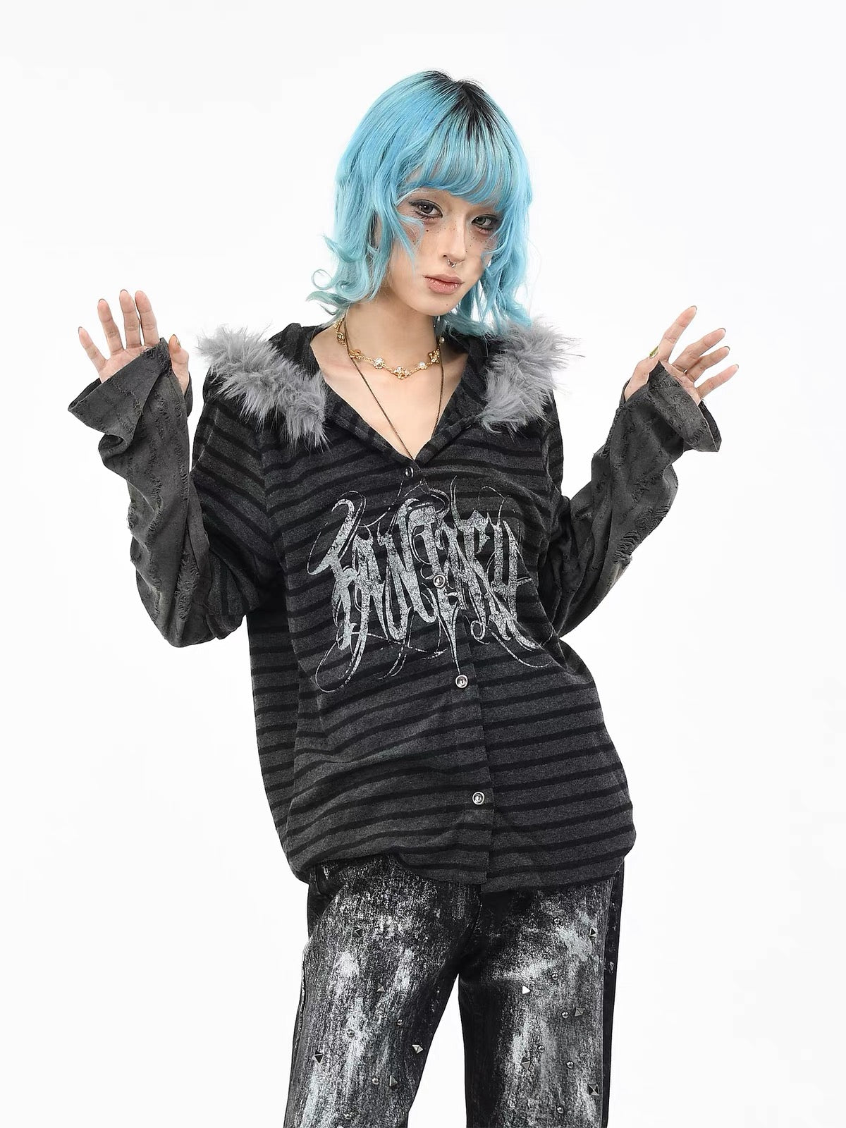 'StripeMuse'Striped Faux Two-Piece Cardigan Jacket with Faux Fur Collar