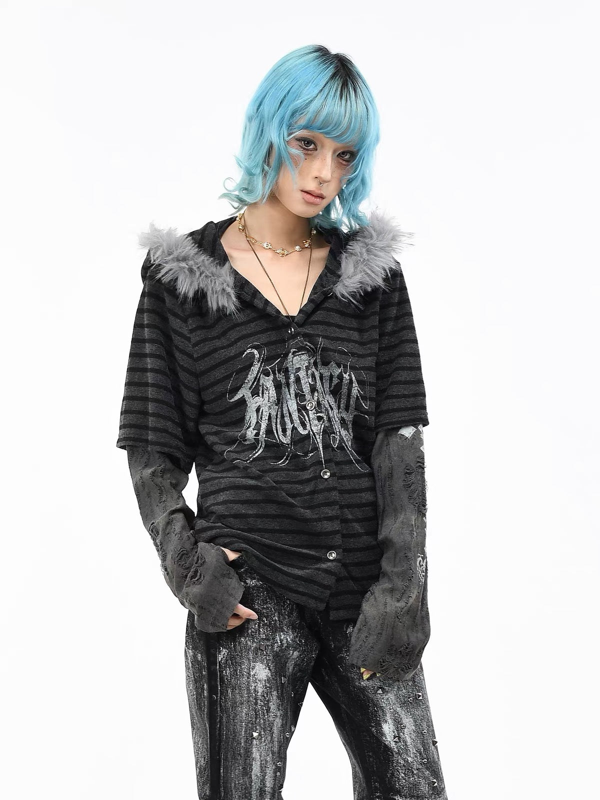 'StripeMuse'Striped Faux Two-Piece Cardigan Jacket with Faux Fur Collar