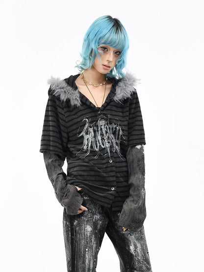 'StripeMuse'Striped Faux Two-Piece Cardigan Jacket with Faux Fur Collar