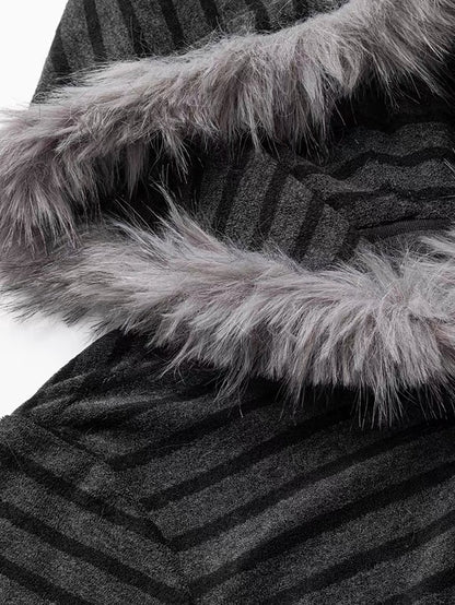 'StripeMuse'Striped Faux Two-Piece Cardigan Jacket with Faux Fur Collar