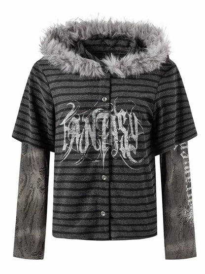 'StripeMuse'Striped Faux Two-Piece Cardigan Jacket with Faux Fur Collar