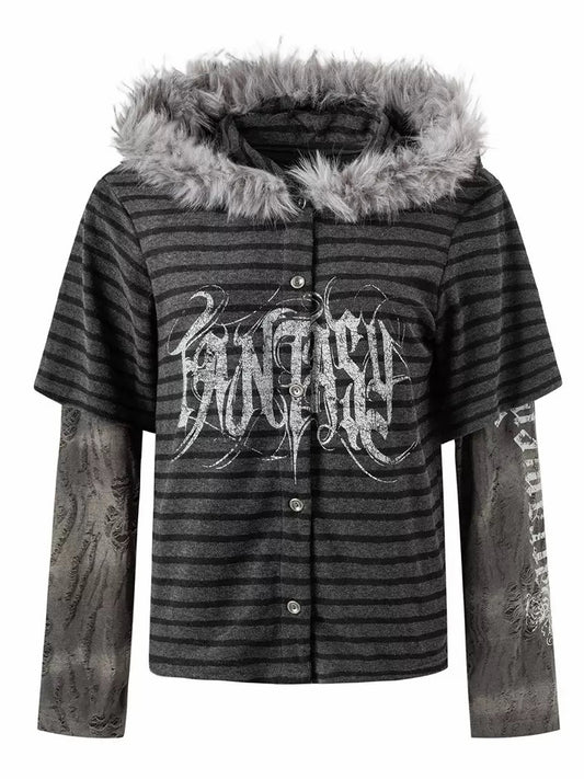 'StripeMuse'Striped Faux Two-Piece Cardigan Jacket with Faux Fur Collar
