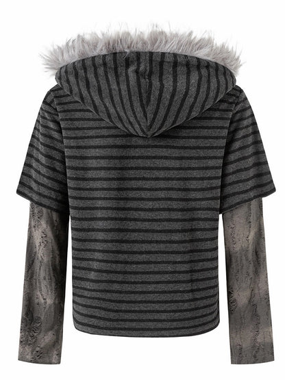 'StripeMuse'Striped Faux Two-Piece Cardigan Jacket with Faux Fur Collar