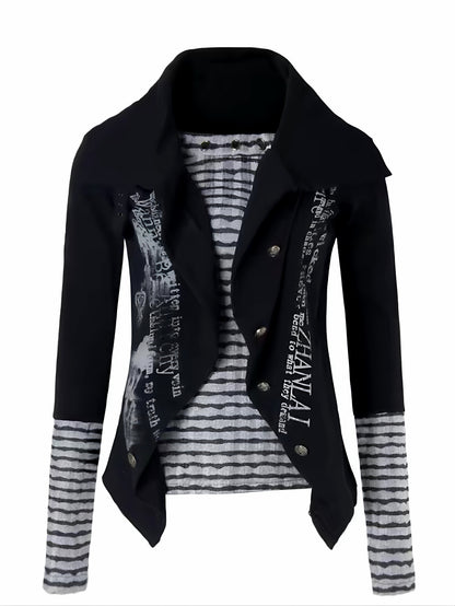 'NovaThread' Grunge Alt Faux Two-Piece Contrast Stripe Print Long Sleeve Shirt