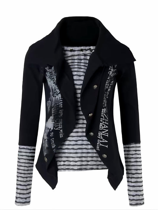 'NovaThread' Grunge Alt Faux Two-Piece Contrast Stripe Print Long Sleeve Shirt
