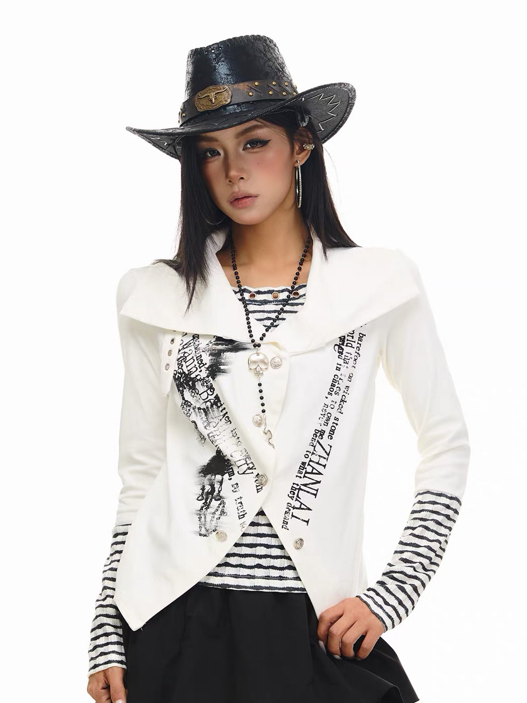 'NovaThread' Grunge Alt Faux Two-Piece Contrast Stripe Print Long Sleeve Shirt