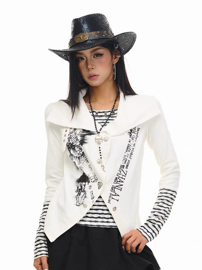 'NovaThread' Grunge Alt Faux Two-Piece Contrast Stripe Print Long Sleeve Shirt
