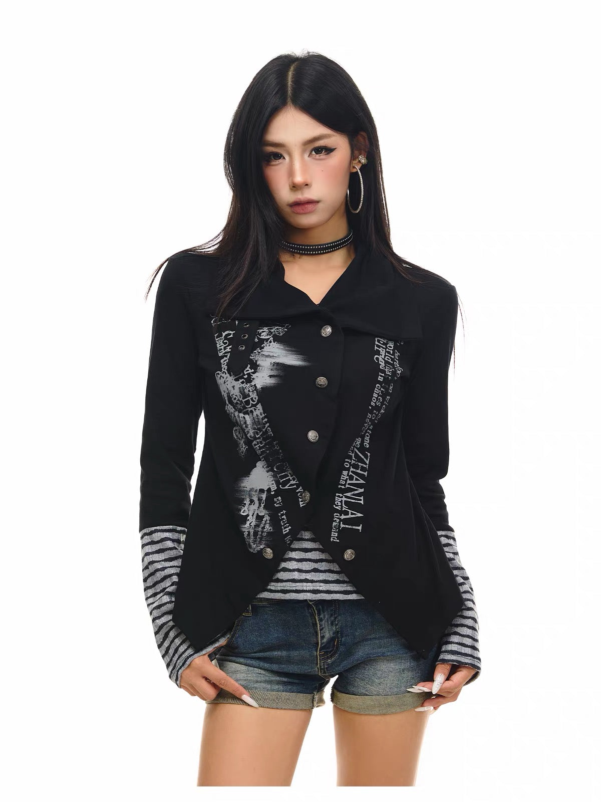 'NovaThread' Grunge Alt Faux Two-Piece Contrast Stripe Print Long Sleeve Shirt