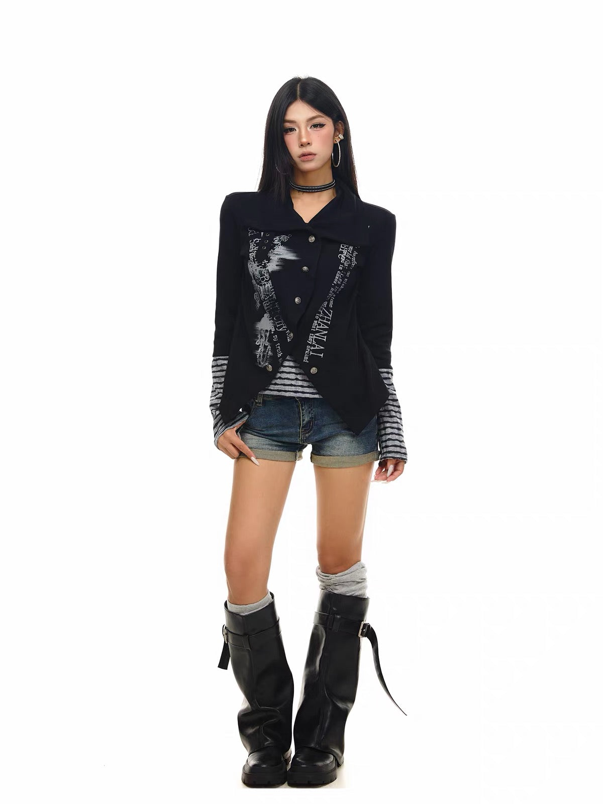 'NovaThread' Grunge Alt Faux Two-Piece Contrast Stripe Print Long Sleeve Shirt