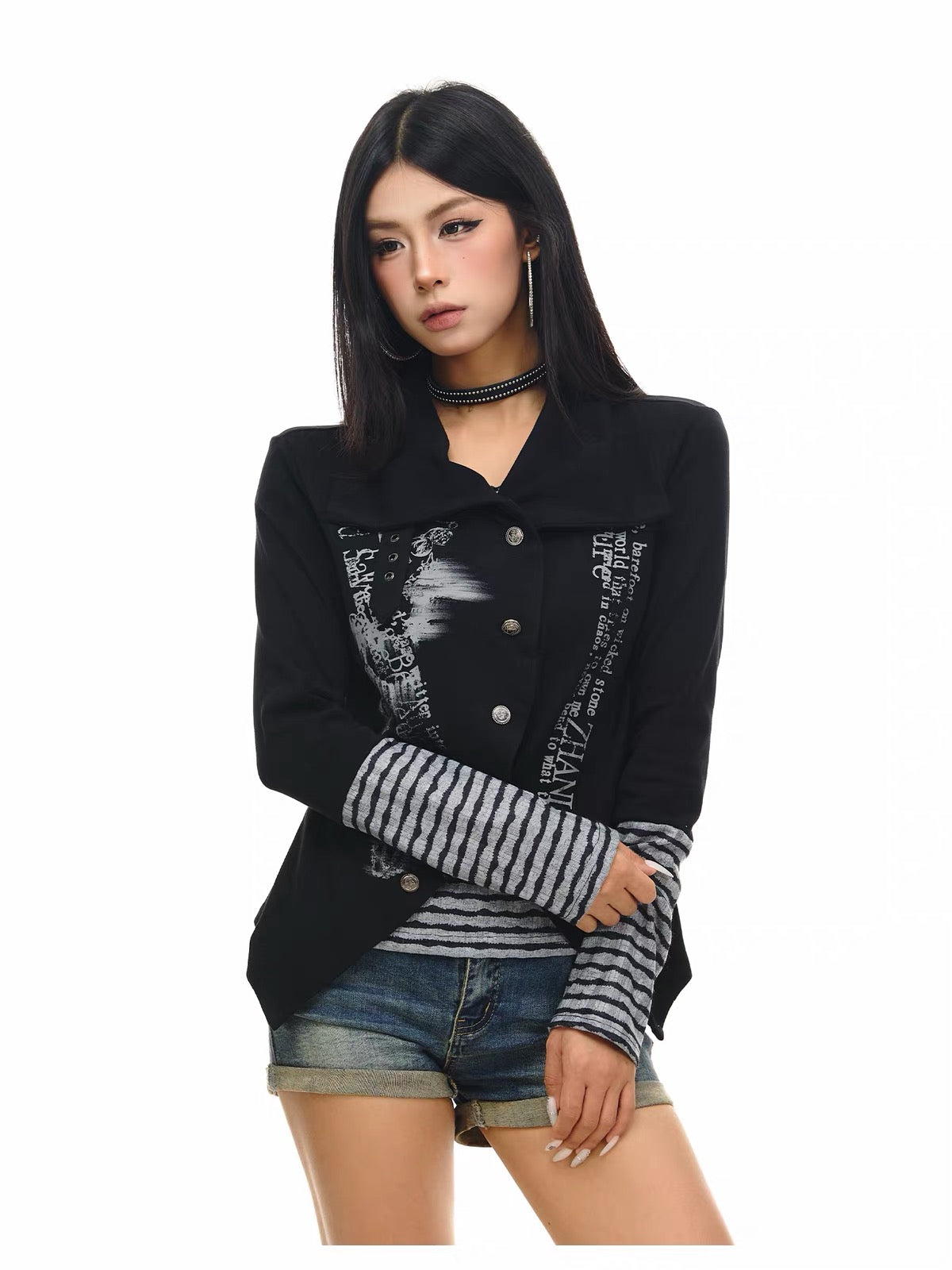 'NovaThread' Grunge Alt Faux Two-Piece Contrast Stripe Print Long Sleeve Shirt