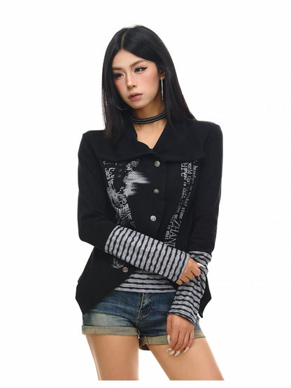 'NovaThread' Grunge Alt Faux Two-Piece Contrast Stripe Print Long Sleeve Shirt