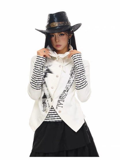 'NovaThread' Grunge Alt Faux Two-Piece Contrast Stripe Print Long Sleeve Shirt