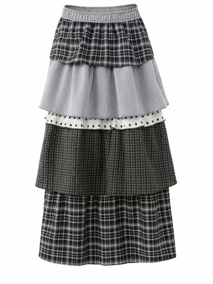'Ribbon Doll' Vintage Plaid Ruffle Tiered Midi Skirt
