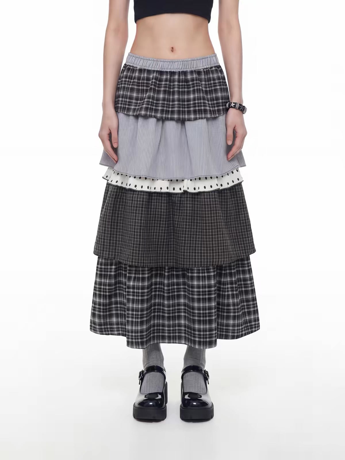 'Ribbon Doll' Vintage Plaid Ruffle Tiered Midi Skirt